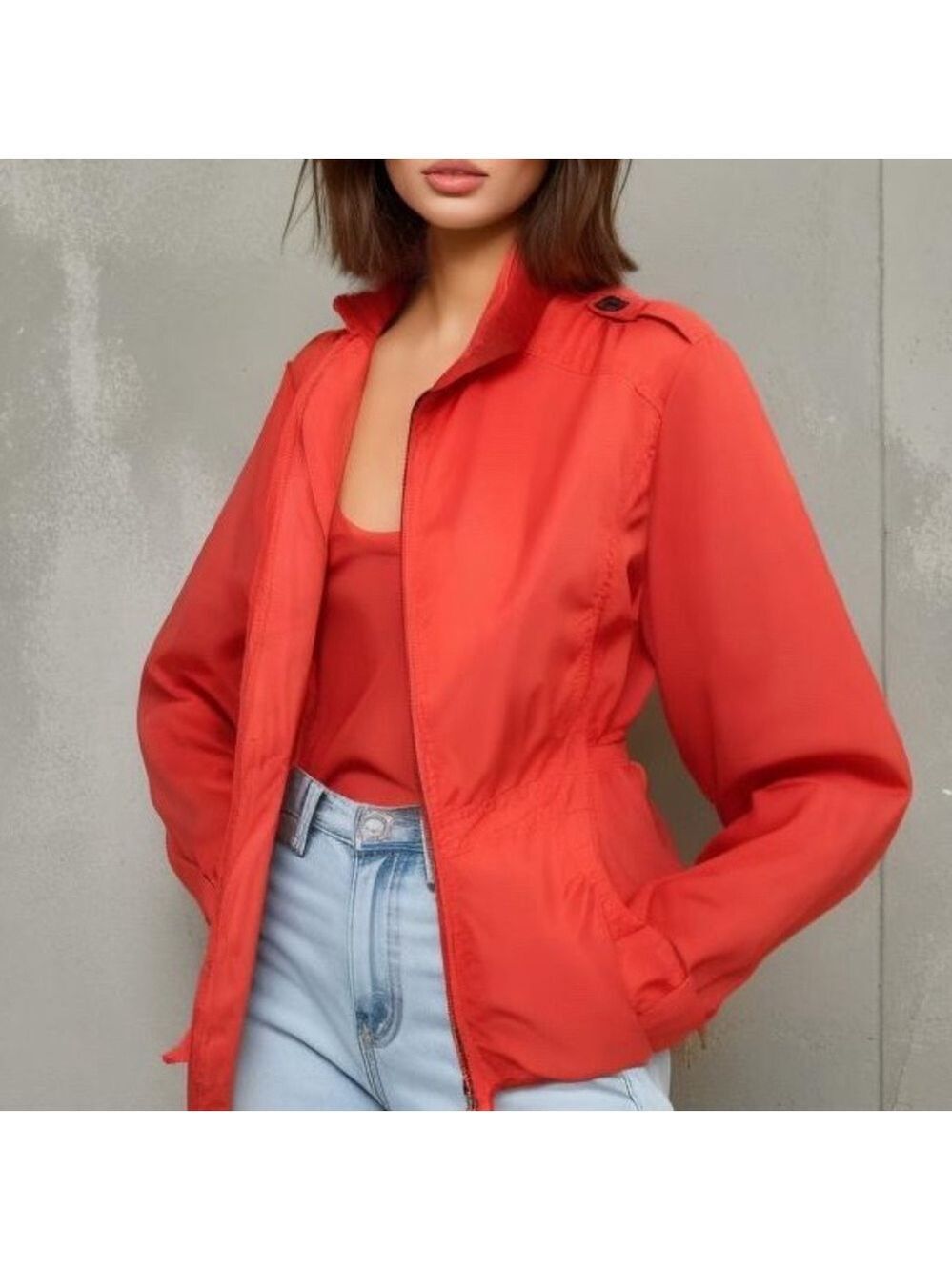 90s ST JOHN LIGHTWEIGHT CORAL ZIP UTILITY JACKET W WHIMSICAL RUFFLE POCKETS 10